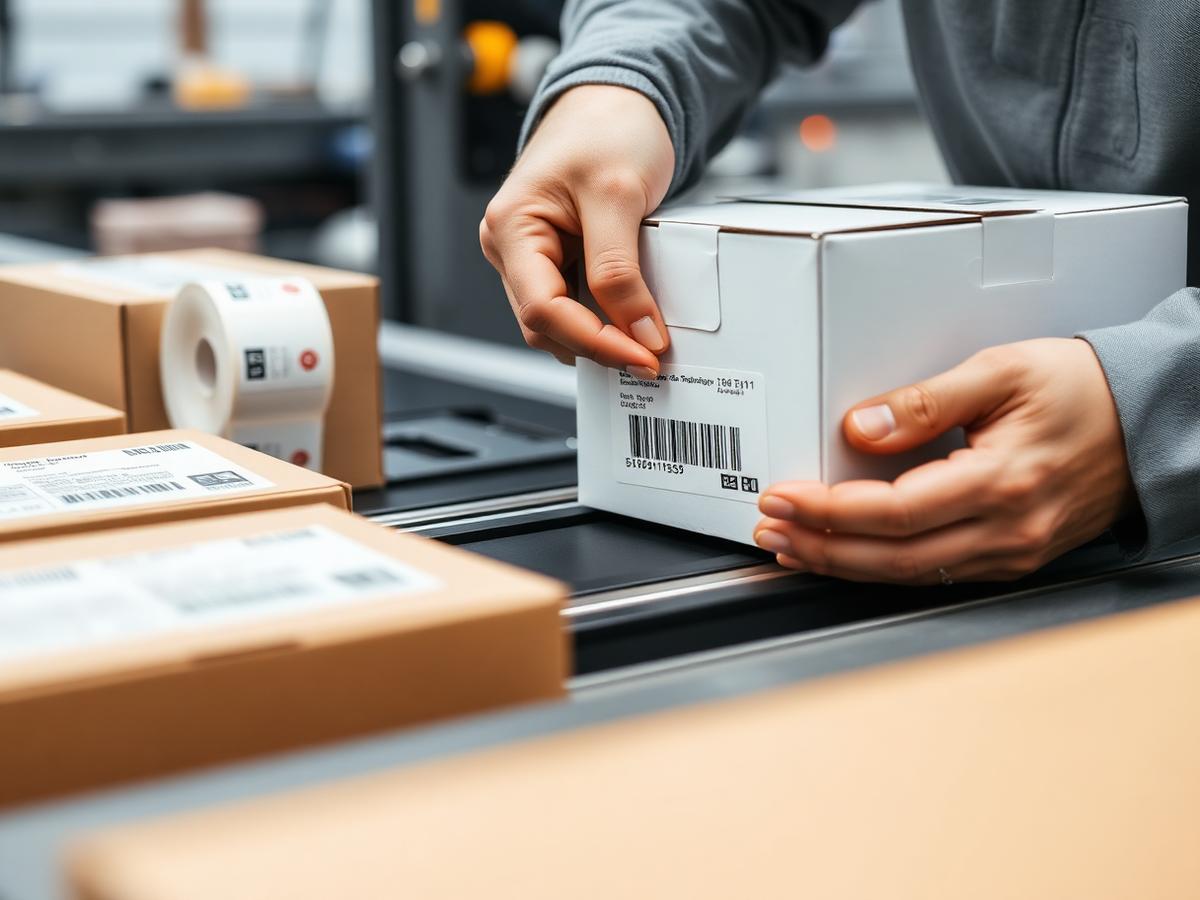 Barcode label being applied to a retail box